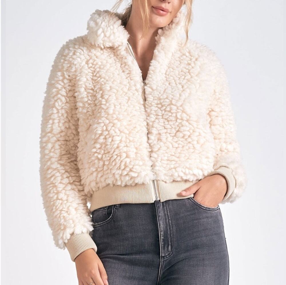 Elan Vanilla Sherpa Bomber Jacket Cream Faux-Fur Size Large NWT Comfy Minimalist